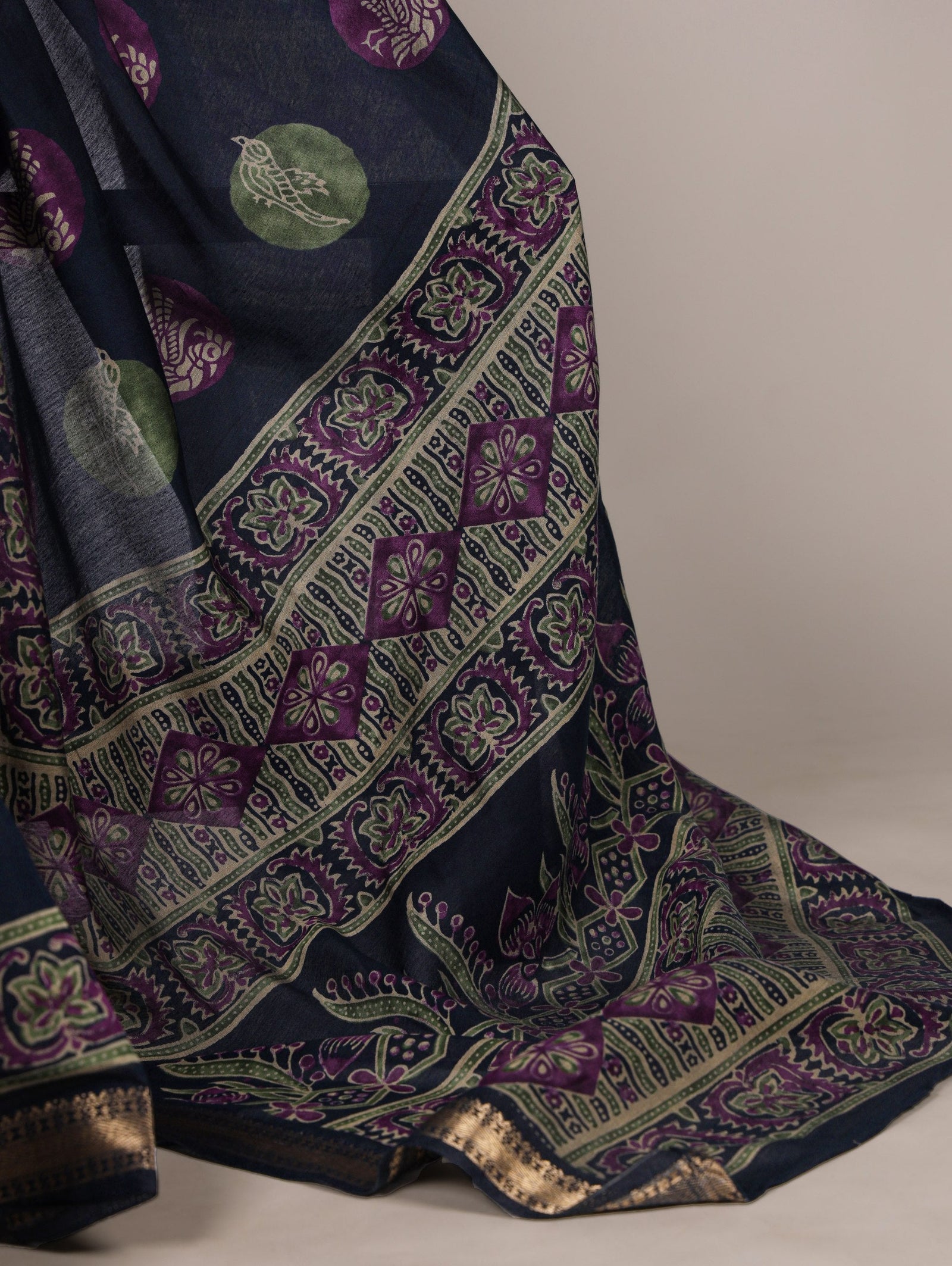 Navy Blue Chanderi Printed Saree ClothsVilla