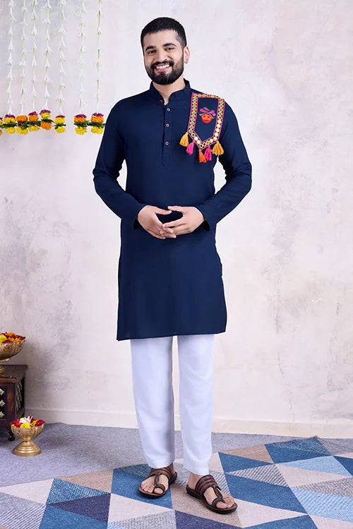 Navy Color Real Mirror Work Navratri Special Mens Kurta Collection Clothsvilla
