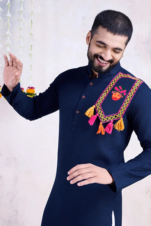 Navy Color Real Mirror Work Navratri Special Mens Kurta Collection Clothsvilla