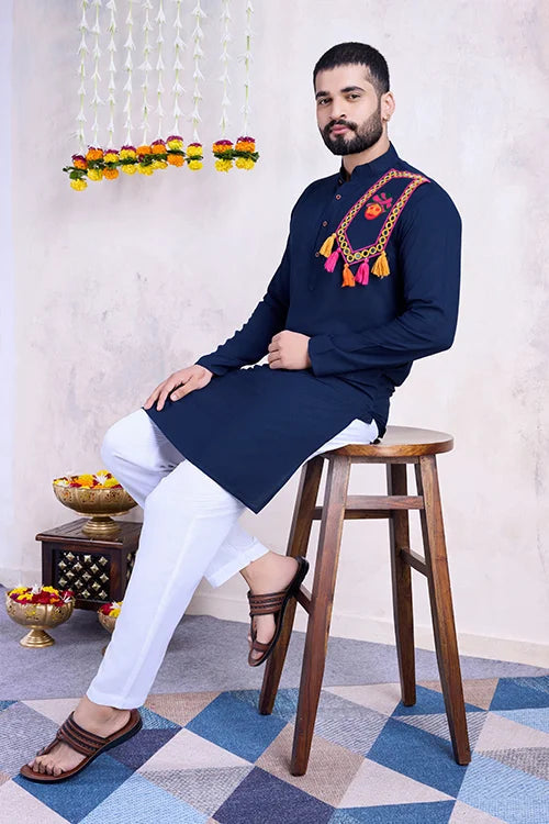 Navy Color Real Mirror Work Navratri Special Mens Kurta Collection Clothsvilla