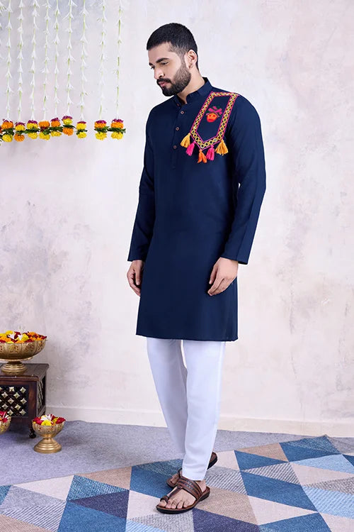 Navy Color Real Mirror Work Navratri Special Mens Kurta Collection Clothsvilla