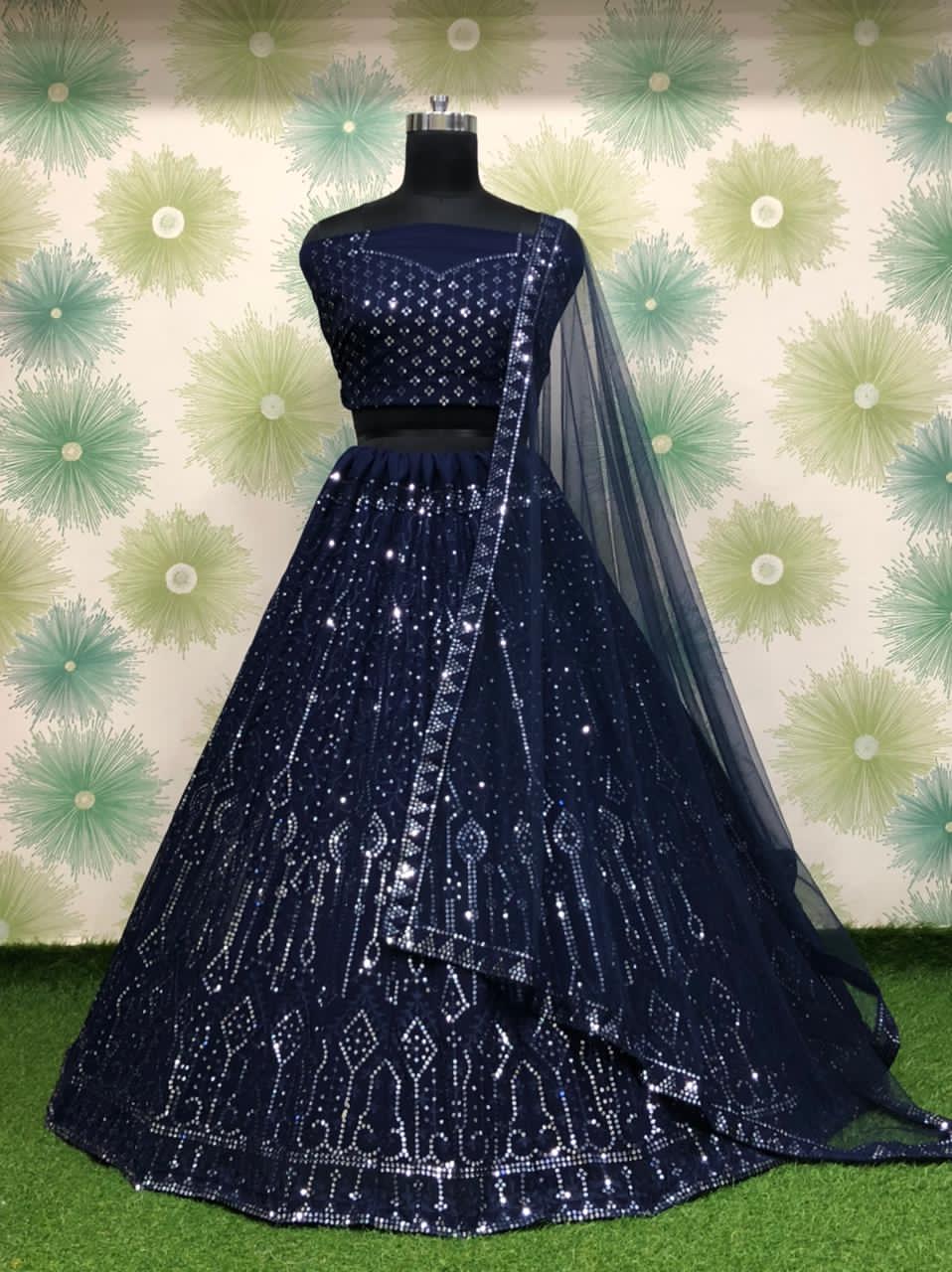 Navy Elegant Heavy Georgette Embroidered Lehenga Set ClothsVilla