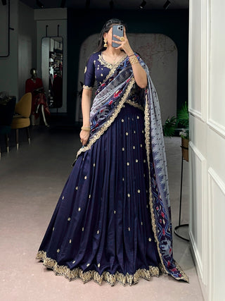 Navy Silk Embroidered Lehenga Set ClothsVilla