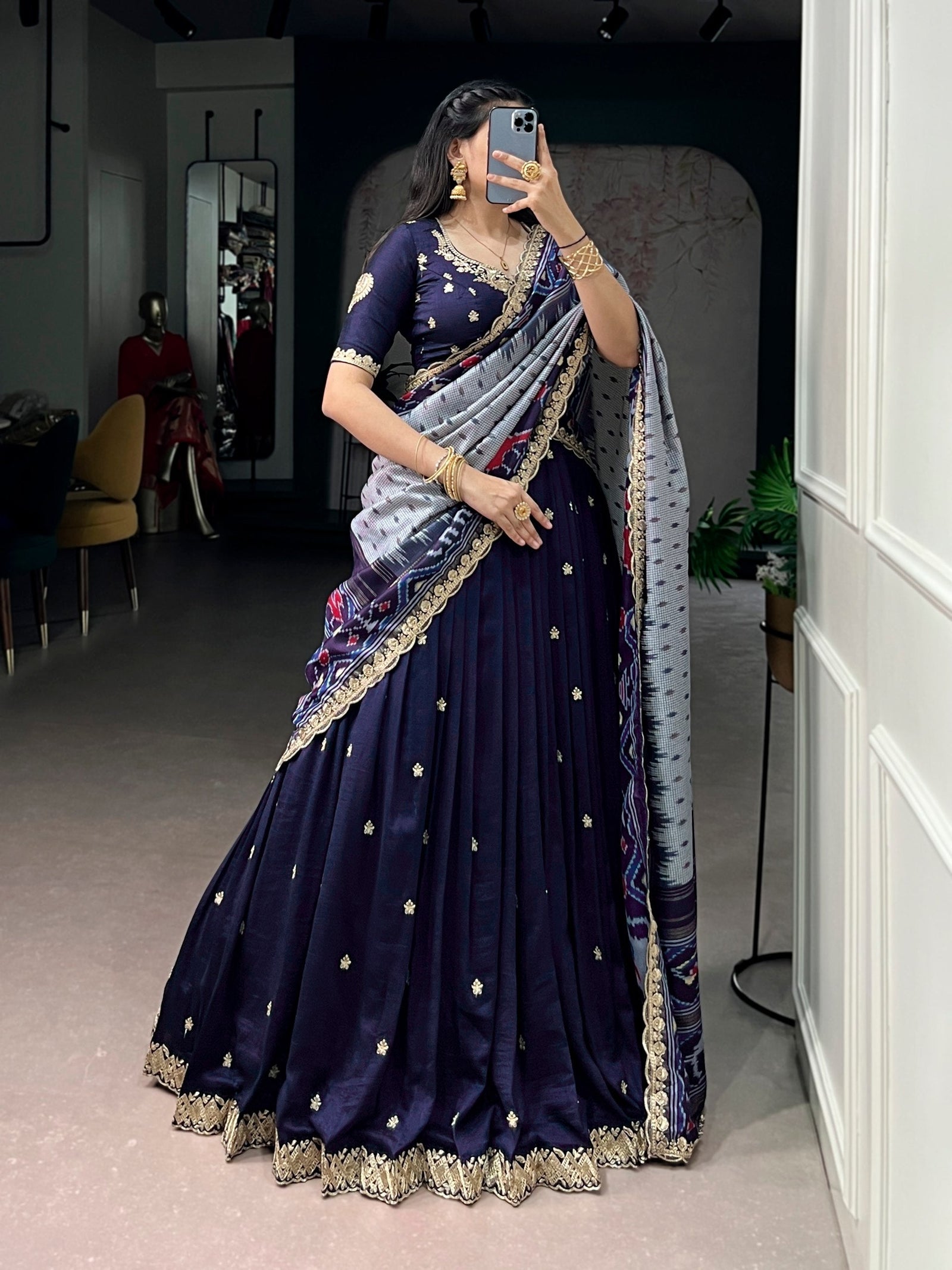 Navy Silk Embroidered Lehenga Set ClothsVilla