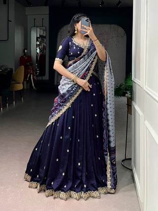 Navy Silk Embroidered Lehenga Set ClothsVilla