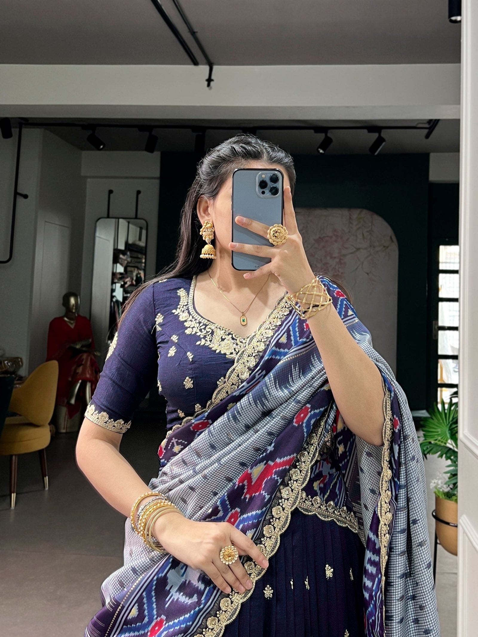 Navy Silk Embroidered Lehenga Set ClothsVilla