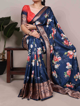 Navy Tasar Silk Printed Saree ClothsVilla