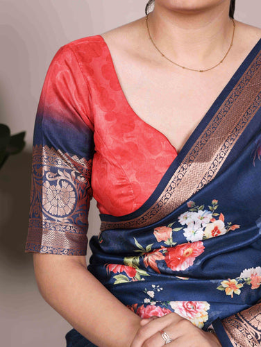 Navy Tasar Silk Printed Saree ClothsVilla