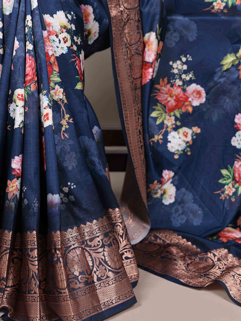 Navy Tasar Silk Printed Saree ClothsVilla