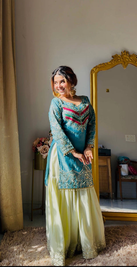 NEHA Embroidered Top with French Crepe Palazzo and Organza Dupatta – Teal Blue & Rust Orange ClothsVilla Main image
