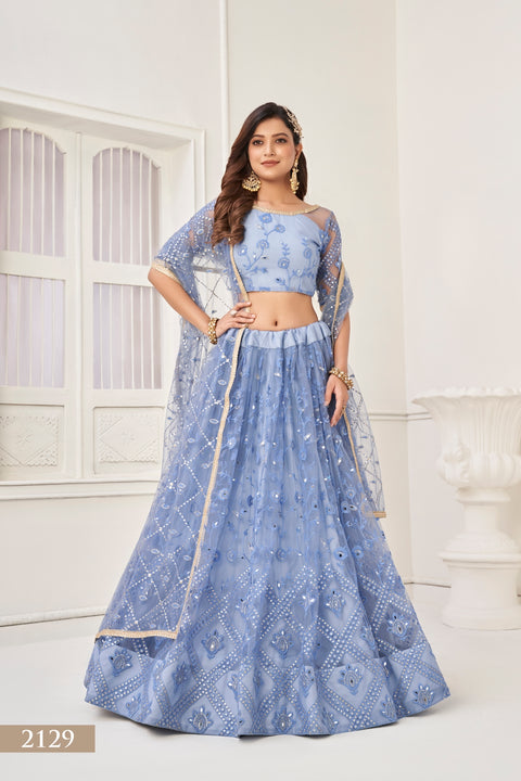 Neon Blue Butterfly Net Lehenga Set with Mirror Handwork and Elegant Embroidery Main image