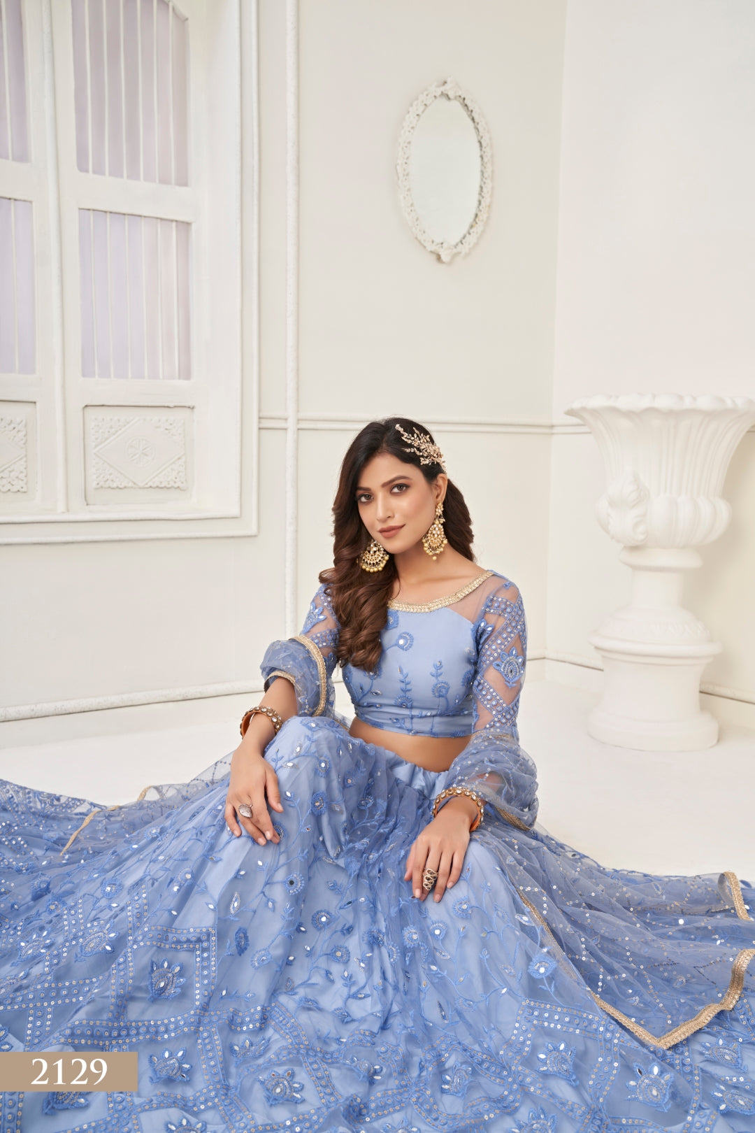 Neon Blue Butterfly Net Lehenga Set with Mirror Handwork and Elegant Embroidery