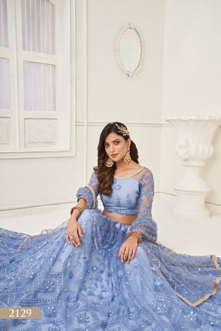 Neon Blue Butterfly Net Lehenga Set with Mirror Handwork and Elegant Embroidery