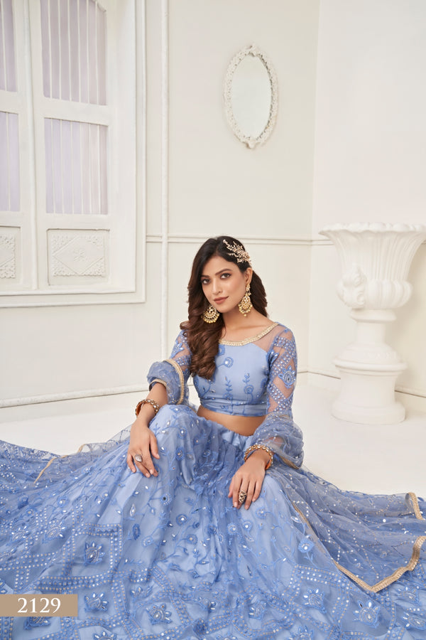 Neon Blue Butterfly Net Lehenga Set with Mirror Handwork and Elegant Embroidery