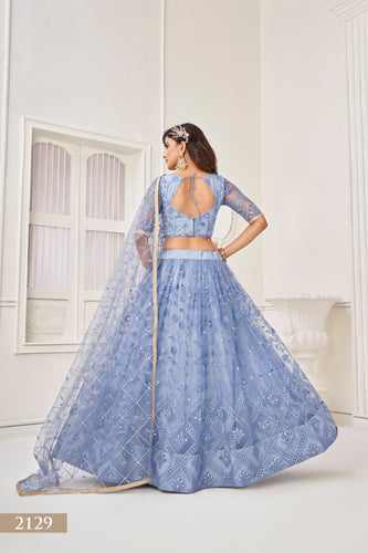 Neon Blue Butterfly Net Lehenga Set with Mirror Handwork and Elegant Embroidery