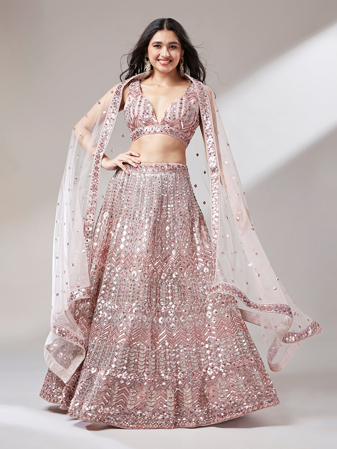 Net Mirror & Sequins Embroiderey Semi-Stitched Lehenga Choli