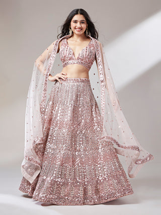 Net Mirror & Sequins Embroiderey Semi-Stitched Lehenga Choli