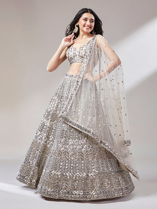 Net Mirror & Sequins Embroiderey Semi-Stitched Lehenga Choli