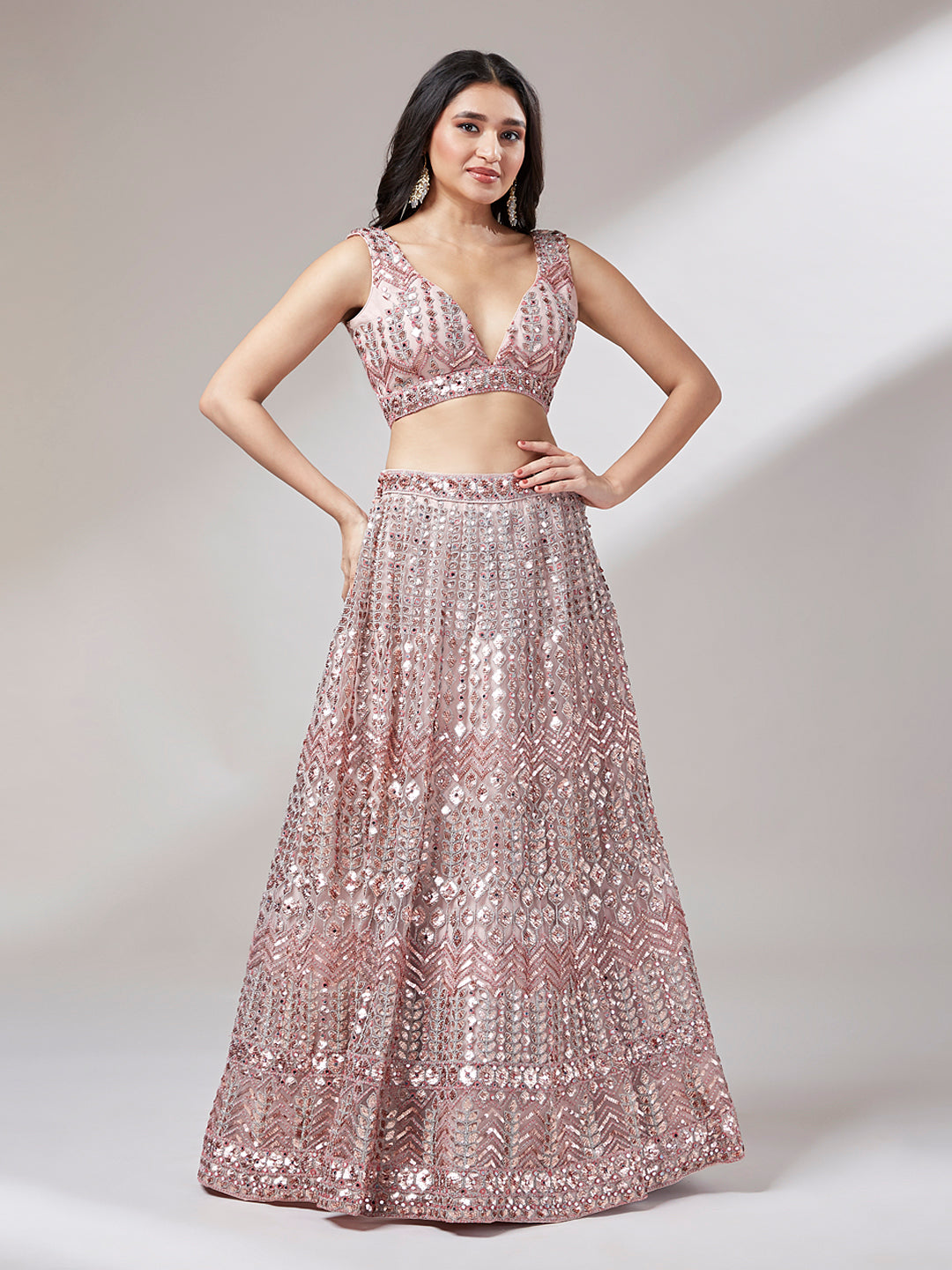 Net Mirror & Sequins Embroiderey Semi-Stitched Lehenga Choli