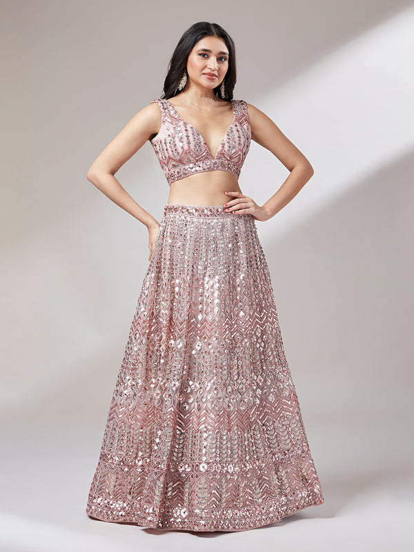 Net Mirror & Sequins Embroiderey Semi-Stitched Lehenga Choli