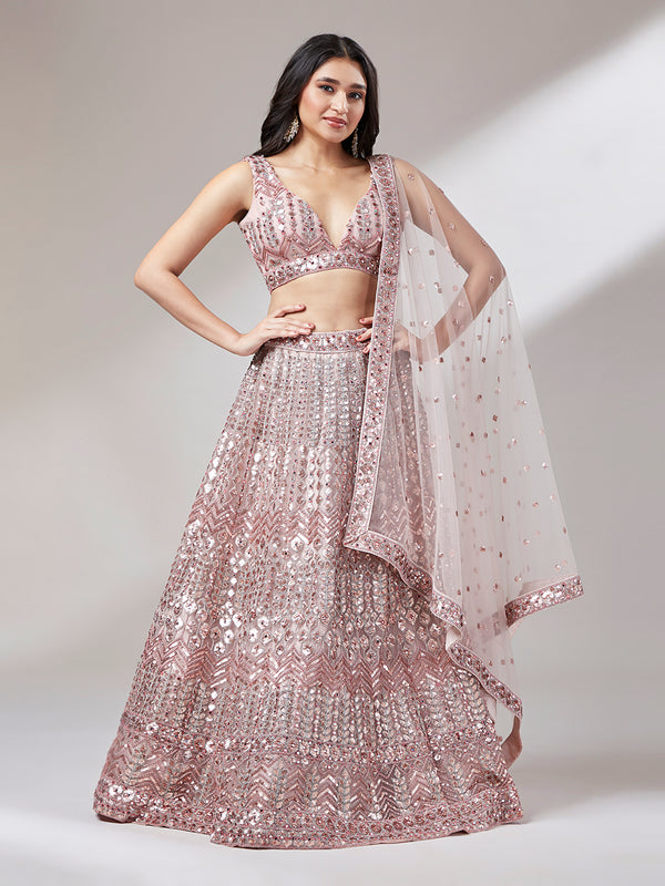 Net Mirror & Sequins Embroiderey Semi-Stitched Lehenga Choli