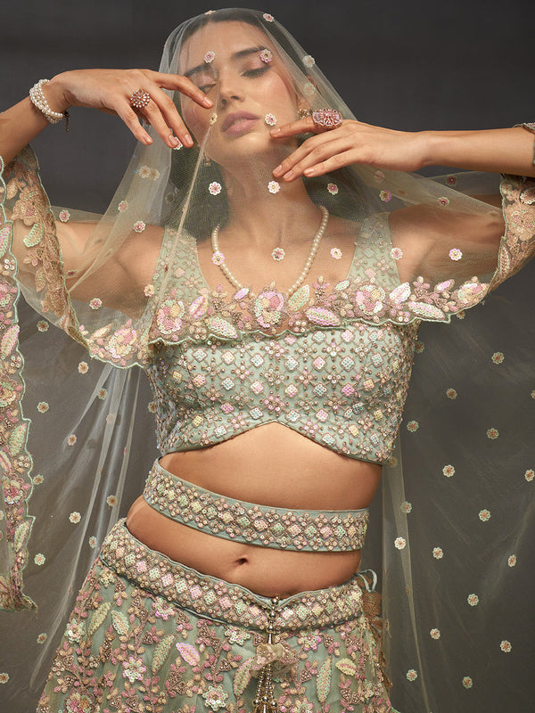 Net Multi Sequins with heavy Zarkan Embroidered Semi-Stitched Lehenga Choli with Dupatta Clothsvilla