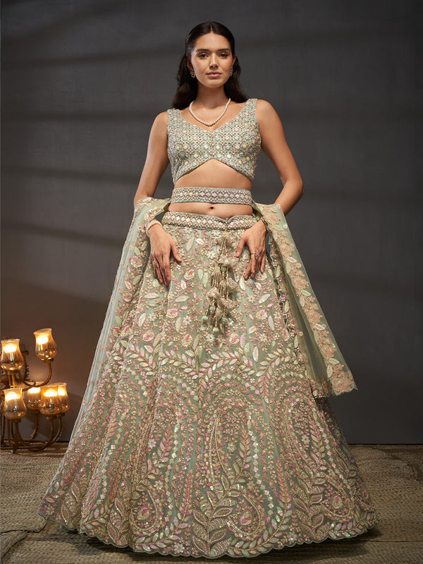 Net Multi Sequins with heavy Zarkan Embroidered Semi-Stitched Lehenga Choli with Dupatta Clothsvilla