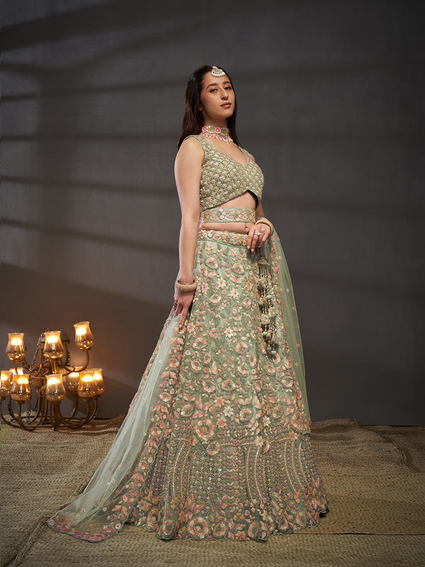 Net Multi Sequins with heavy Zarkan Embroidered Semi-Stitched Lehenga Choli with Dupatta Clothsvilla