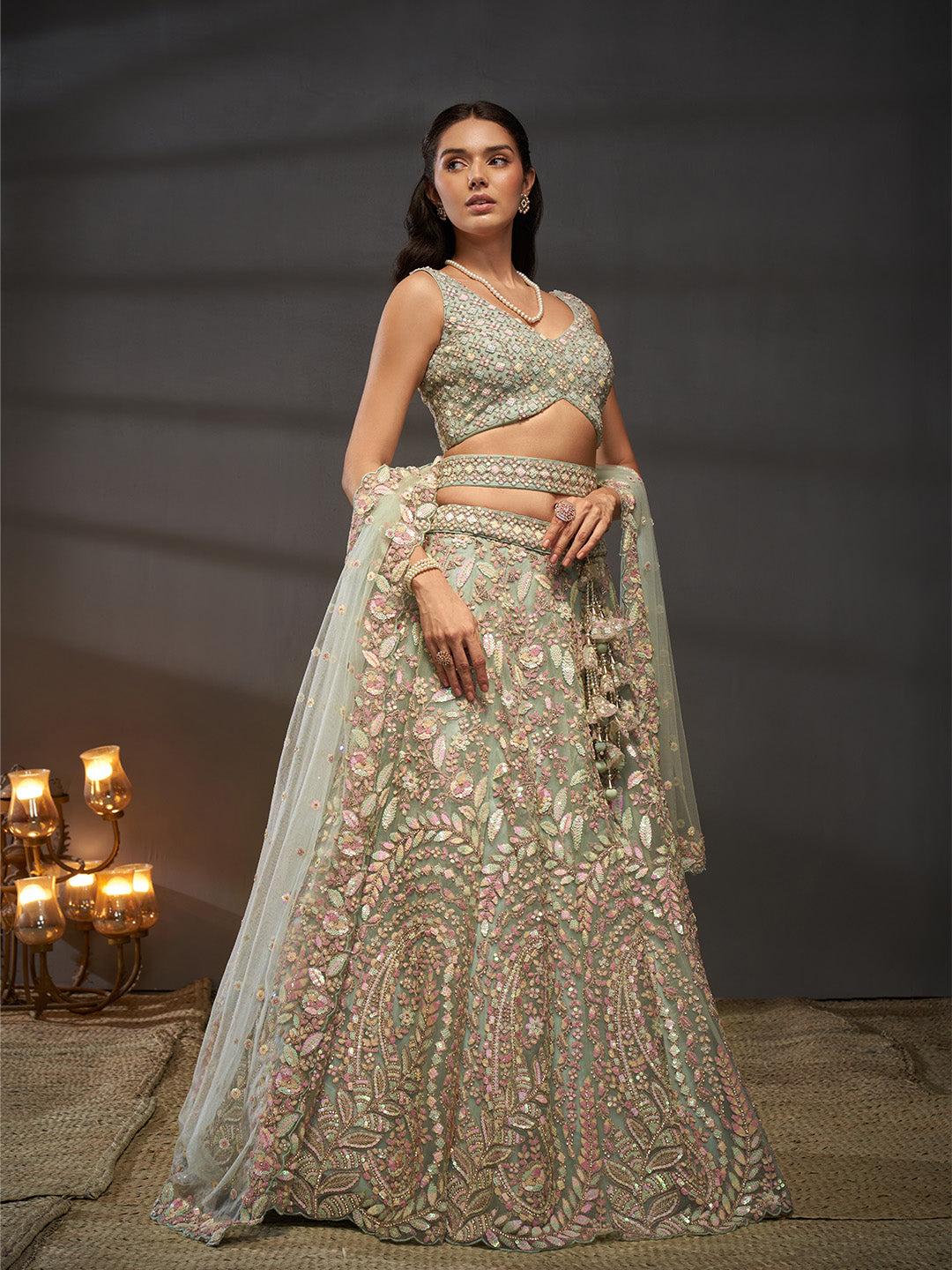 Net Multi Sequins with heavy Zarkan Embroidered Semi-Stitched Lehenga Choli with Dupatta Clothsvilla