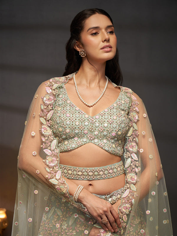 Net Multi Sequins with heavy Zarkan Embroidered Semi-Stitched Lehenga Choli with Dupatta Clothsvilla