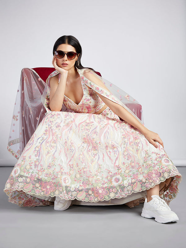 Net Sequins and thread Embroidered Semi-Stitched Lehenga Choli with Dupatta Clothsvilla