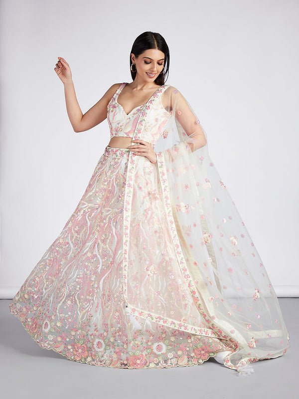 Net Sequins and thread Embroidered Semi-Stitched Lehenga Choli with Dupatta Clothsvilla
