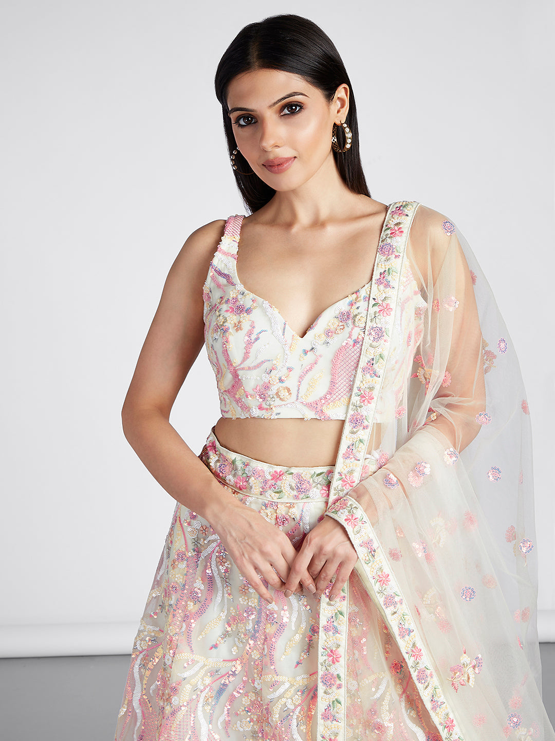 Net Sequins and thread Embroidered Semi-Stitched Lehenga Choli with Dupatta Clothsvilla