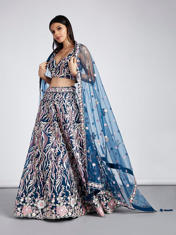 Net Sequins and thread Embroidered Semi-Stitched Lehenga Choli with Dupatta Clothsvilla