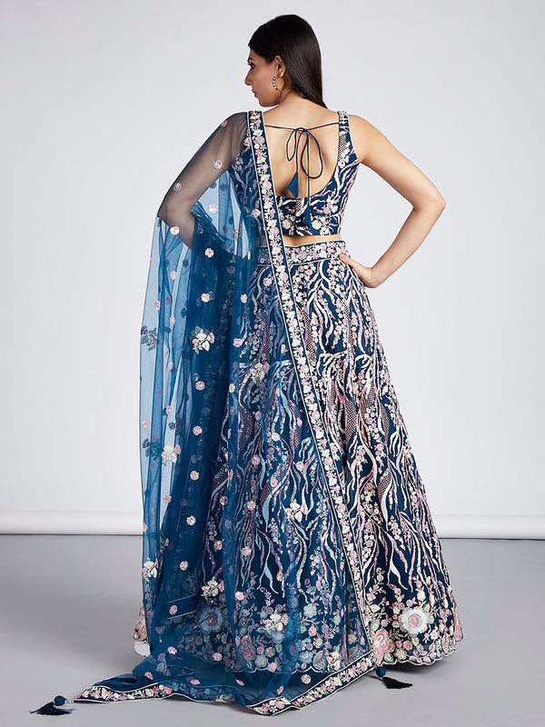 Net Sequins and thread Embroidered Semi-Stitched Lehenga Choli with Dupatta Clothsvilla
