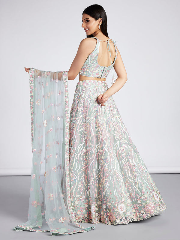 Net Sequins and thread Embroidered Semi-Stitched Lehenga Choli with Dupatta Clothsvilla