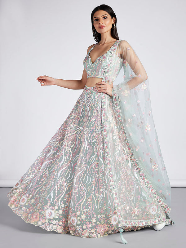 Net Sequins and thread Embroidered Semi-Stitched Lehenga Choli with Dupatta Clothsvilla