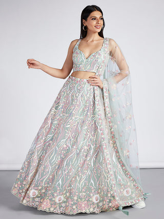 Net Sequins and thread Embroidered Semi-Stitched Lehenga Choli with Dupatta Clothsvilla