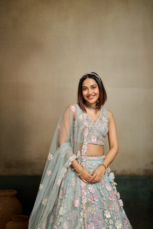 Net Sequins Embroidered Semi-Stitched Lehenga & Unstitched Blouse With Dupatta Clothsvilla