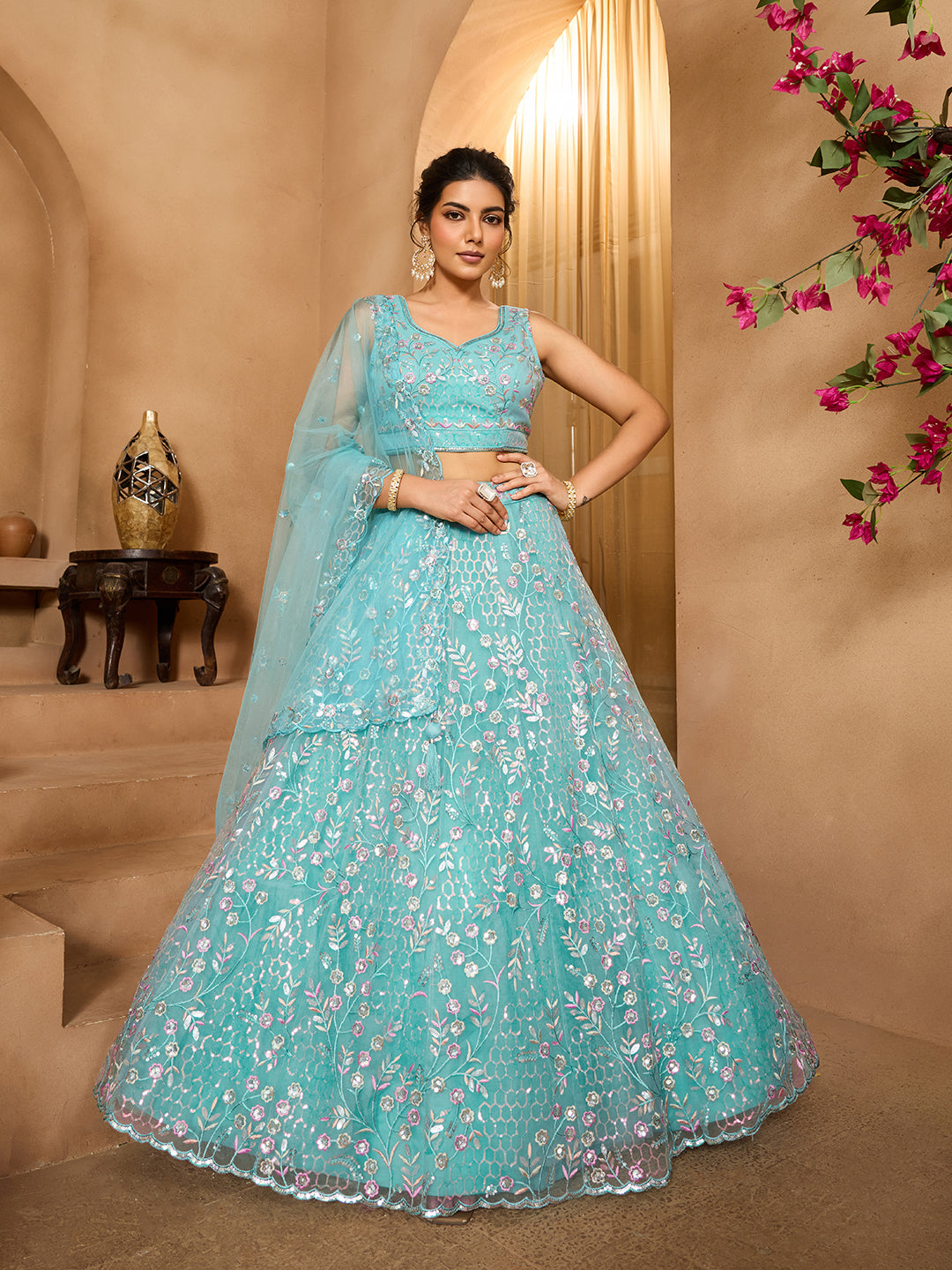Net Sequins Embroidered Semi-Stitched Lehenga & Unstitched Blouse With Dupatta Clothsvilla