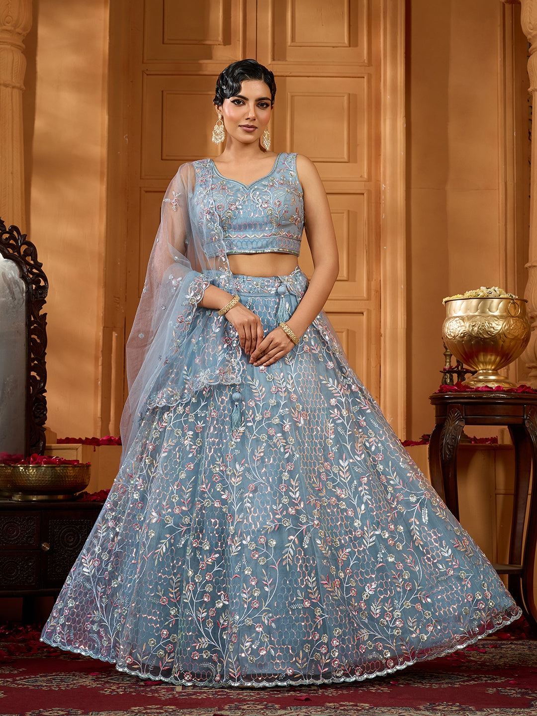 Net Sequins Embroidered Semi-Stitched Lehenga & Unstitched Blouse With Dupatta Clothsvilla