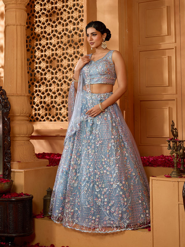 Net Sequins Embroidered Semi-Stitched Lehenga & Unstitched Blouse With Dupatta Clothsvilla