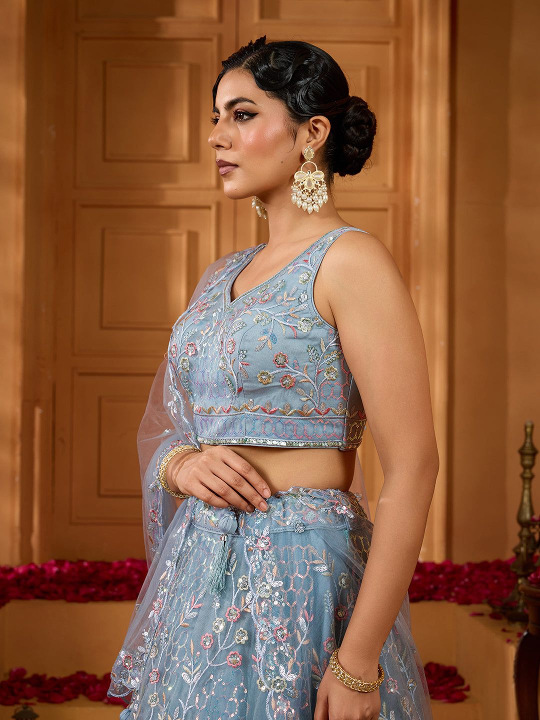 Net Sequins Embroidered Semi-Stitched Lehenga & Unstitched Blouse With Dupatta Clothsvilla