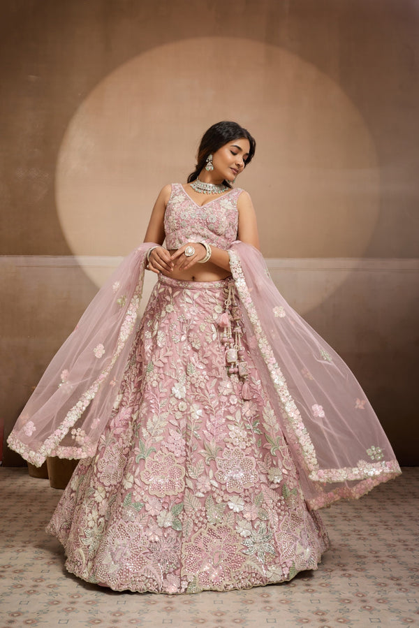 Net Sequins Embroidered Semi-Stitched Lehenga & Unstitched Blouse With Dupatta Clothsvilla