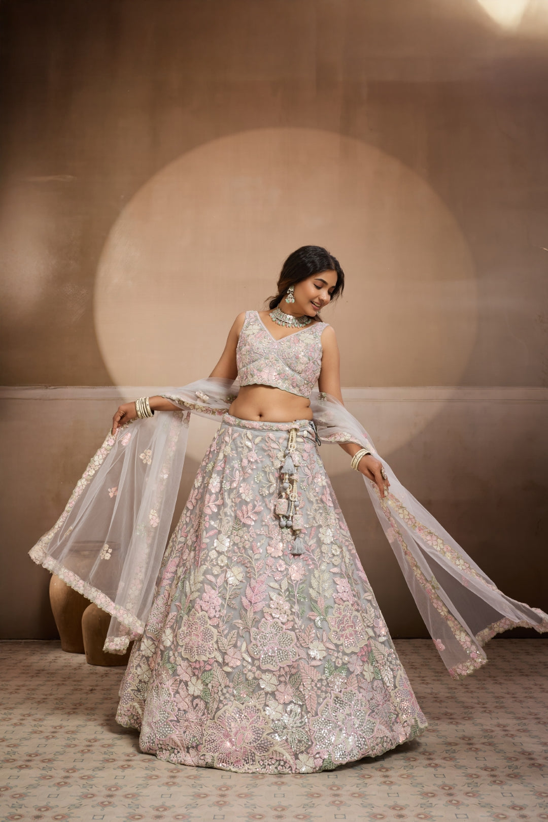 Net Sequins Embroidered Semi-Stitched Lehenga & Unstitched Blouse With Dupatta Clothsvilla