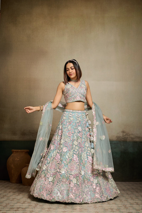 Net Sequins Embroidered Semi-Stitched Lehenga & Unstitched Blouse With Dupatta Clothsvilla