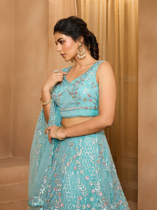 Net Sequins Embroidered Semi-Stitched Lehenga & Unstitched Blouse With Dupatta Clothsvilla