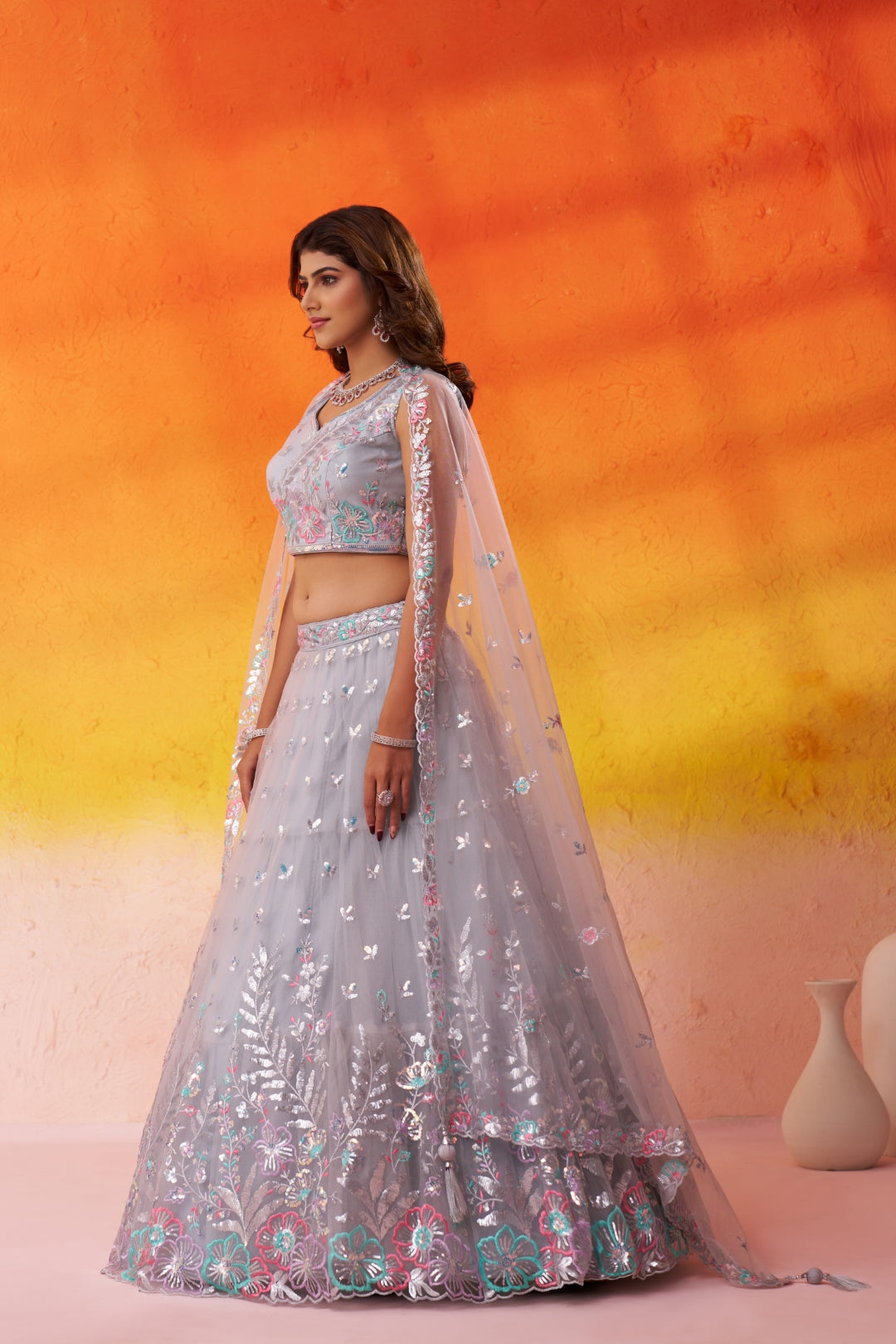 Net Sequins Thread & Embroidered Semi-Stitched Lehenga & Unstitched Blouse With Dupatta Clothsvilla