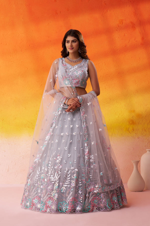 Net Sequins Thread & Embroidered Semi-Stitched Lehenga & Unstitched Blouse With Dupatta Clothsvilla