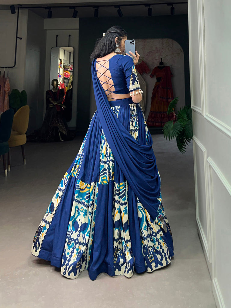 Firozi Rayon Printed Silk Lehenga Choli with Gota Patti & Cowrie Detailing ClothsVilla